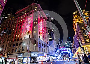 Night photography of Georges street with beautiful Christmas artwork sparkle light installation.